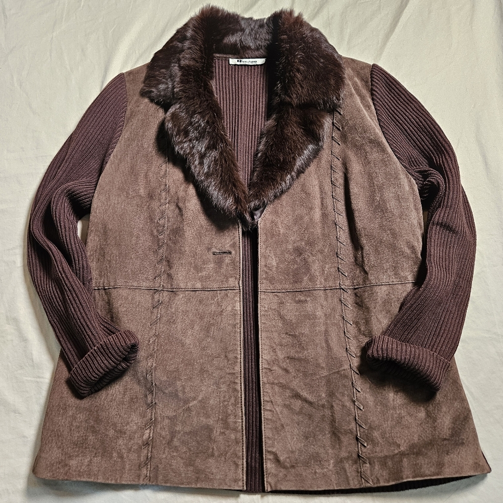 Vintage Peter Nygard Large Brown Suede‎ Knit Rabbit Fur Jacket Boho Western